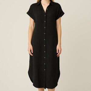 Shirtdress Black Button-Down Midi Gauze Short Sleeve Dress S